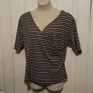 No Comment Black White Striped Faux Wrap Shirt NWT‎